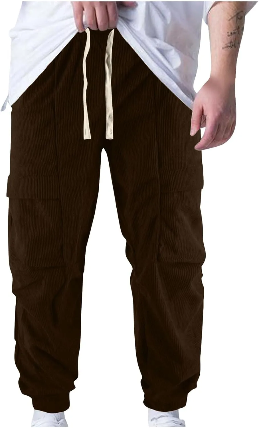 Zeiyignr Mens Corduroy Joggers Pants Casual Cargo Pants Drawstring Elastic Waist Slim Fit Tapered Sweatpants with Pockets