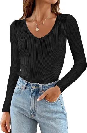 ZESICA Women's Fall Long Sleeve V Neck T Shirts Ribbed Knit Sweater Slim Fit Solid Basic Casual Tee Tops