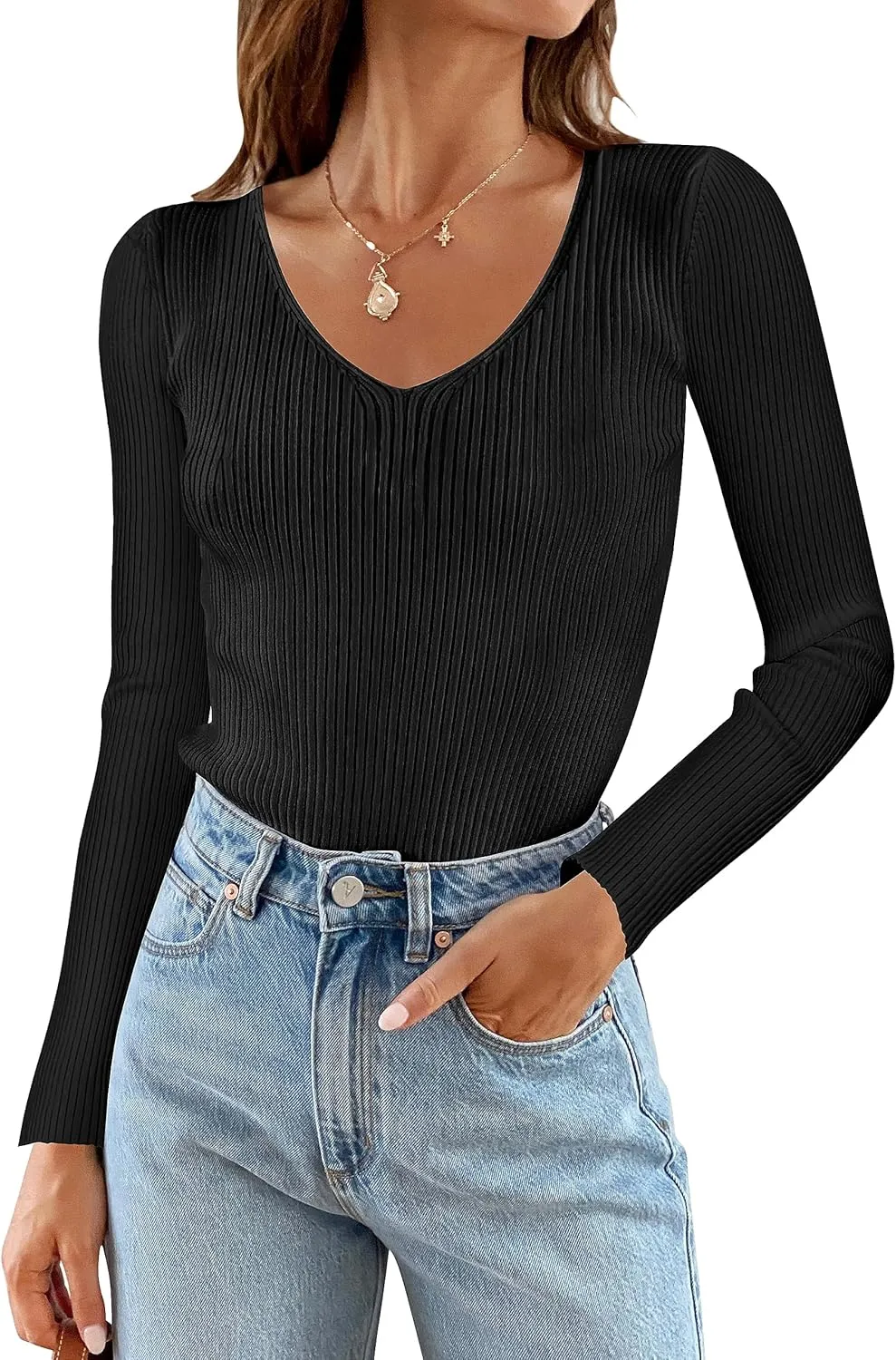 ZESICA Women's Fall Long Sleeve V Neck T Shirts Ribbed Knit Sweater Slim Fit Solid Basic Casual Tee Tops