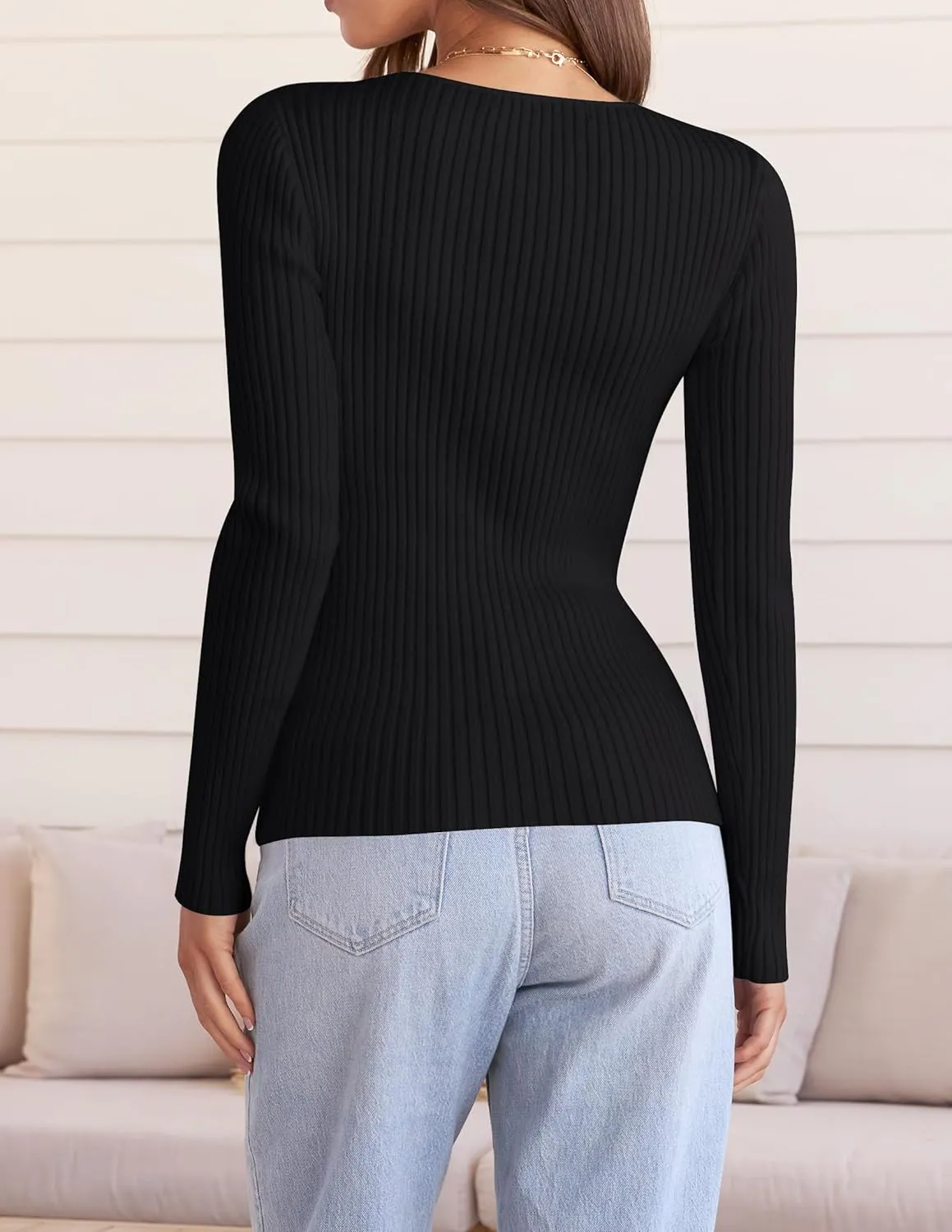 ZESICA Women's Fall Long Sleeve V Neck T Shirts Ribbed Knit Sweater Slim Fit Solid Basic Casual Tee Tops