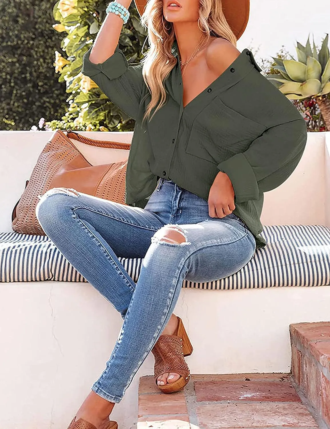 Zontroldy Oversized Button Down Long Sleeve Shirts for Women Solid Color Casual Boyfriend Shirt Boluse Tops