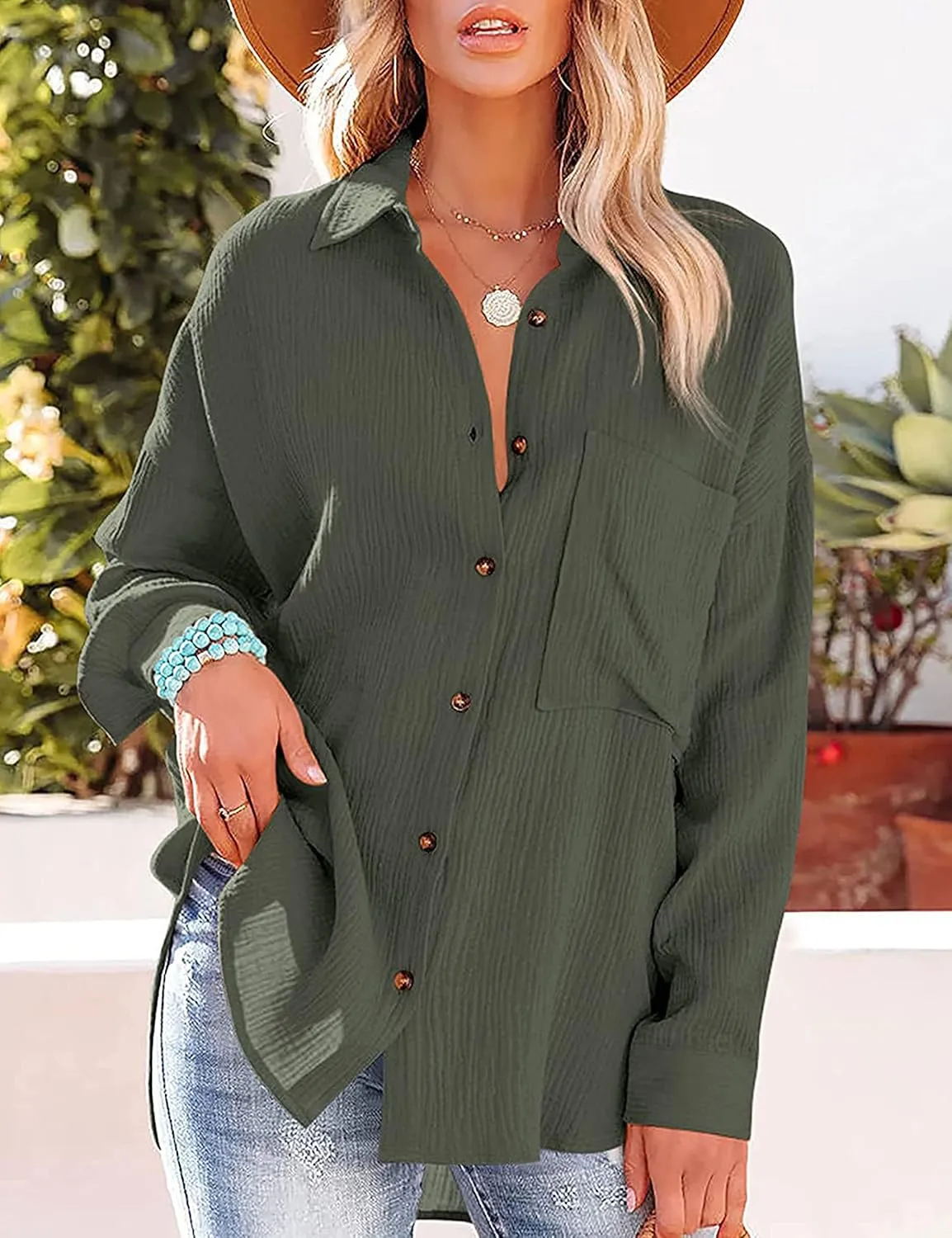 Zontroldy Oversized Button Down Long Sleeve Shirts for Women Solid Color Casual Boyfriend Shirt Boluse Tops