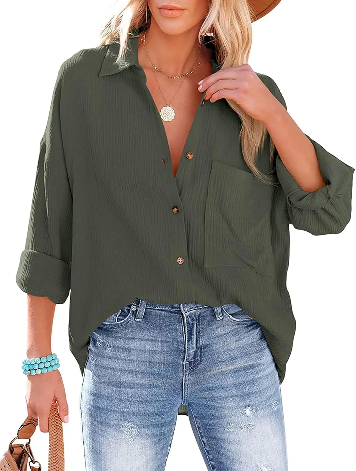 Zontroldy Oversized Button Down Long Sleeve Shirts for Women Solid Color Casual Boyfriend Shirt Boluse Tops
