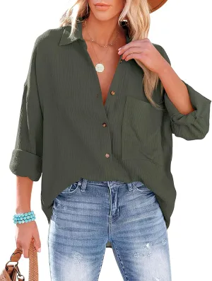 Zontroldy Oversized Button Down Long Sleeve Shirts for Women Solid Color Casual Boyfriend Shirt Boluse Tops