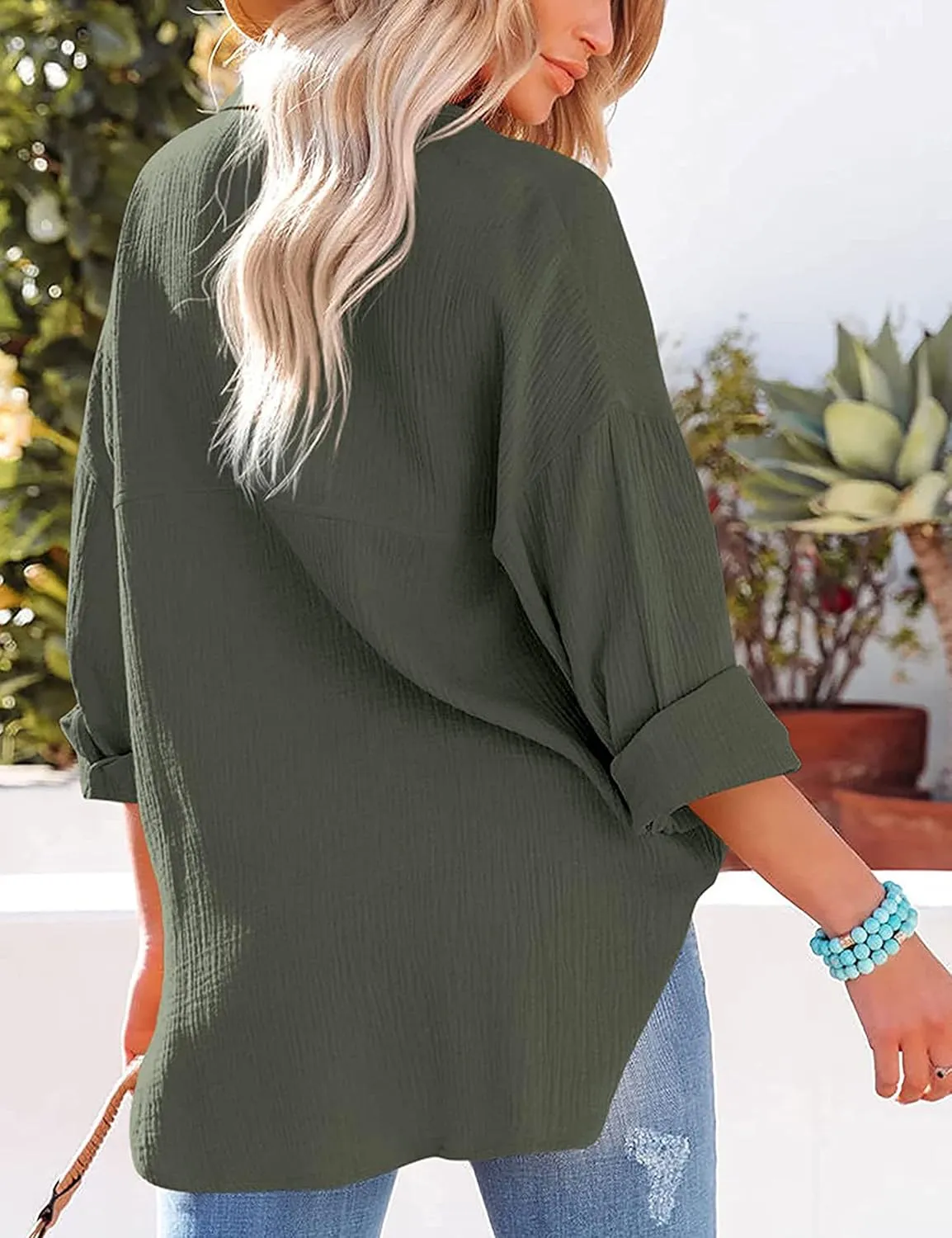 Zontroldy Oversized Button Down Long Sleeve Shirts for Women Solid Color Casual Boyfriend Shirt Boluse Tops