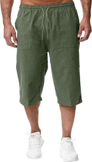 ZWRXW Men's Long Linen Shorts Casual Summer Beach Below Knee Length Pocketed 3/4 Drawstring Capri Pant