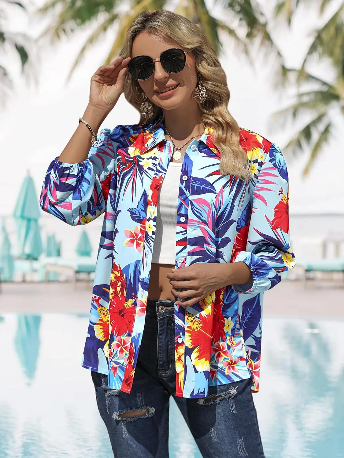 ZXZY Women Pineapple Printed Lapel Collar Half Sleeves Buttons Down Blouse Shirt