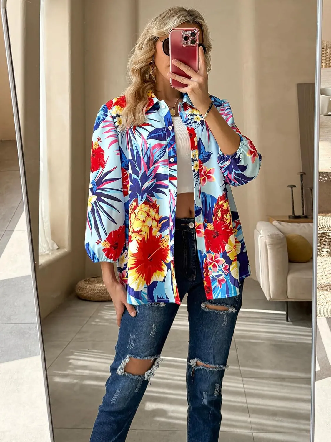 ZXZY Women Pineapple Printed Lapel Collar Half Sleeves Buttons Down Blouse Shirt