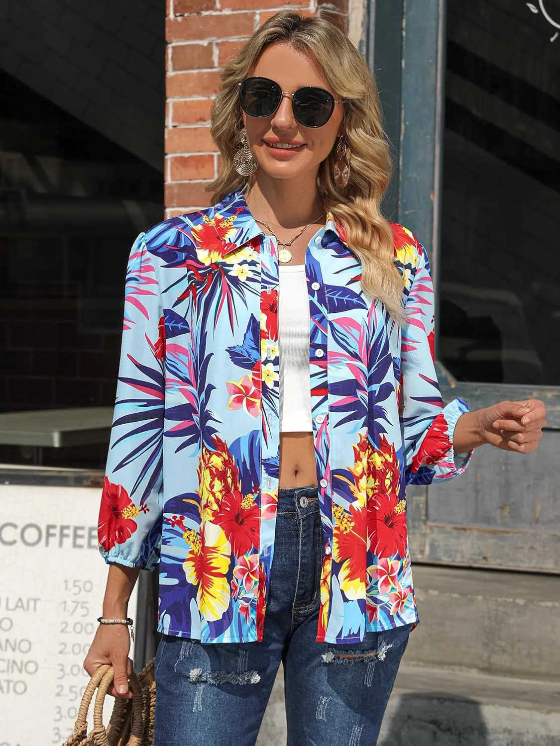 ZXZY Women Pineapple Printed Lapel Collar Half Sleeves Buttons Down Blouse Shirt