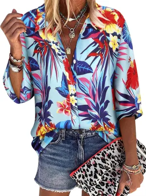 ZXZY Women Pineapple Printed Lapel Collar Half Sleeves Buttons Down Blouse Shirt