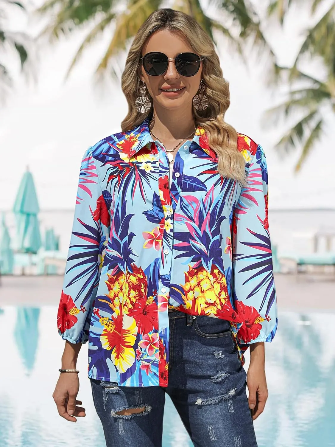 ZXZY Women Pineapple Printed Lapel Collar Half Sleeves Buttons Down Blouse Shirt