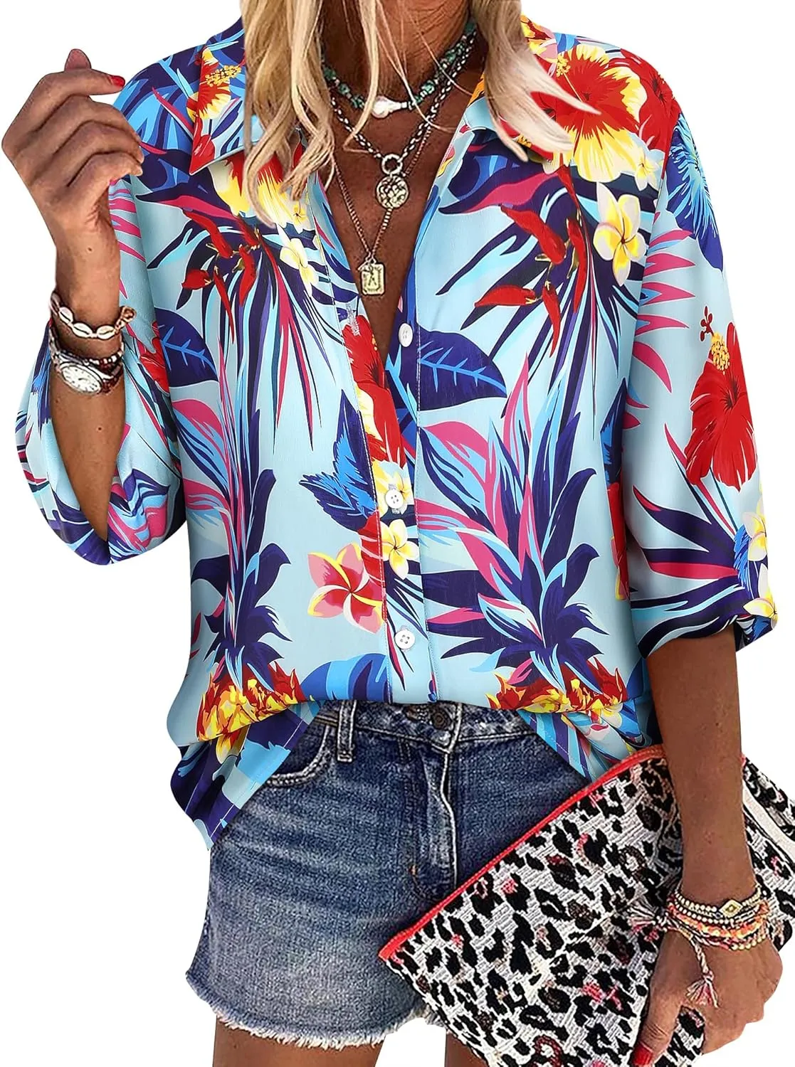 ZXZY Women Pineapple Printed Lapel Collar Half Sleeves Buttons Down Blouse Shirt